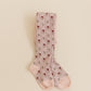 Kennedy Mulberry Tight from Shop Little Millers — soft oatmeal-base children’s tights with delicate mulberry colored floral tulip pattern, stretch knit for a comfortable fit, designed in Arizona with OEKO-TEX® certified fabric safe for sensitive skin.