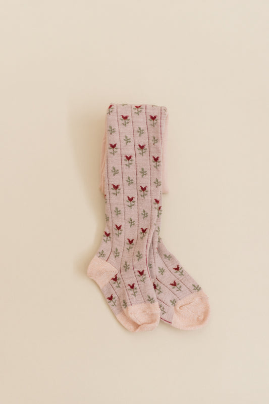 Kennedy Mulberry Tight from Shop Little Millers — soft oatmeal-base children’s tights with delicate mulberry colored floral tulip pattern, stretch knit for a comfortable fit, designed in Arizona with OEKO-TEX® certified fabric safe for sensitive skin.