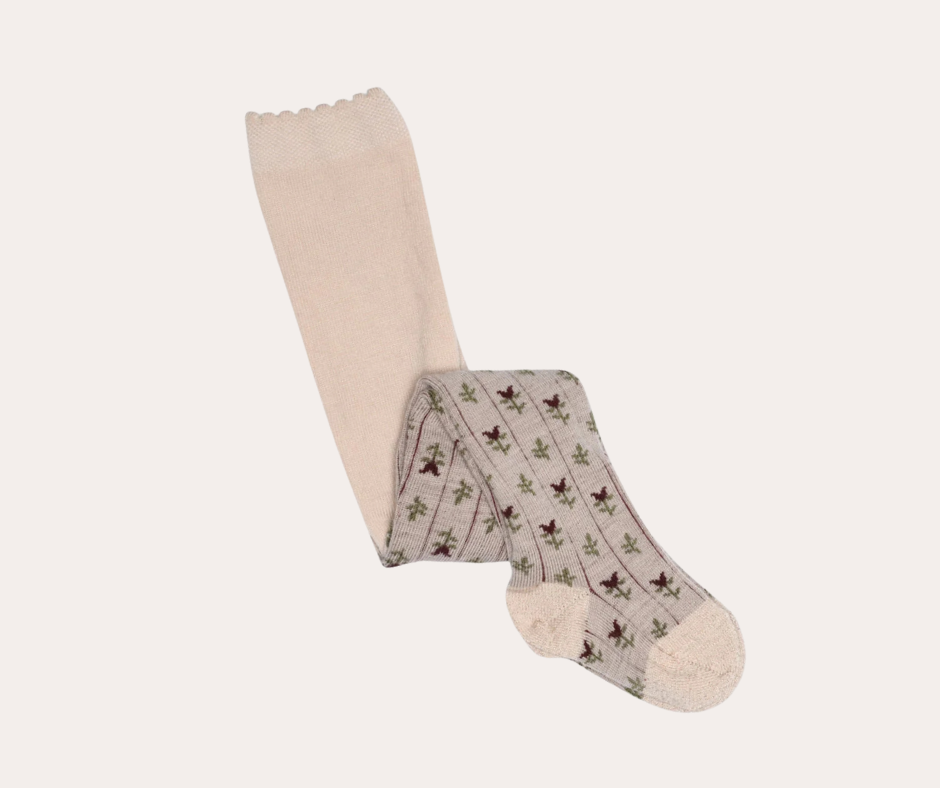 Kennedy Mulberry Tight from Shop Little Millers — soft oatmeal-base children’s tights with delicate mulberry colored floral tulip pattern, stretch knit for a comfortable fit, designed in Arizona with OEKO-TEX® certified fabric safe for sensitive skin.
